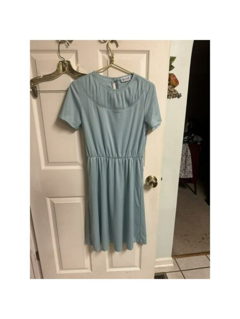 Vtg Blair Sea Blue Green Secretary's Dress Pleats 70s Farmcore Neckline Small 32